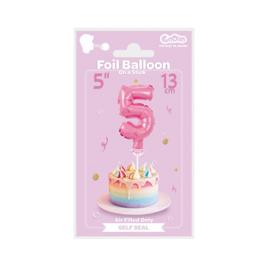 Balon foliowy na patyczku ,,Cyfra 5" wys. 13cm różowa BC-5RO5 GoDan