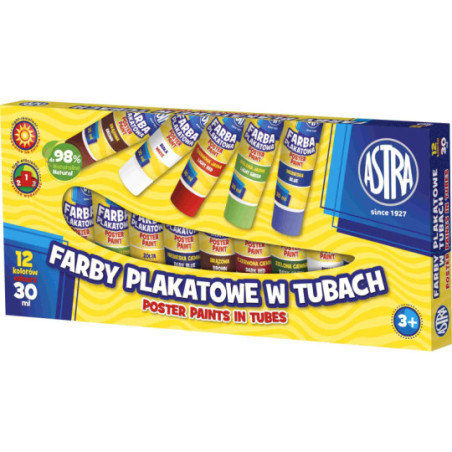 Farby plakatowe Astra 12 kolorów - tuba 30 ml 