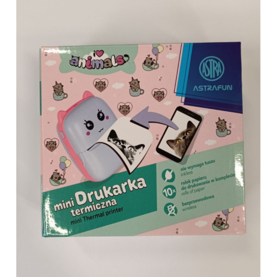 Drukarka termiczna Astrafun Animals + 10 rolek białego papieru do drukowania